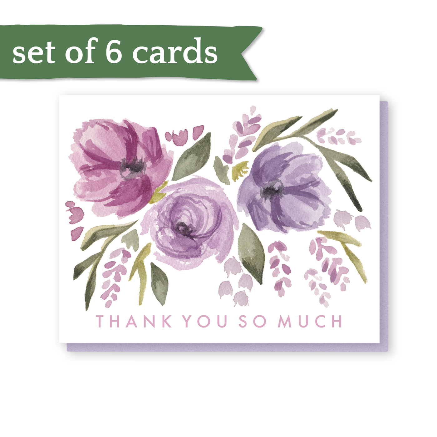 set of 6 thank you so much lavender flowerfall cards