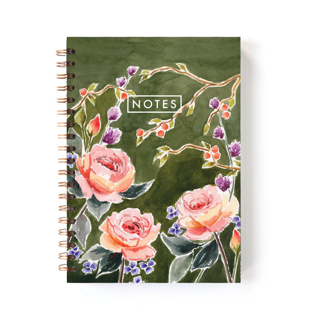 spiral-bound notebook in garden roses