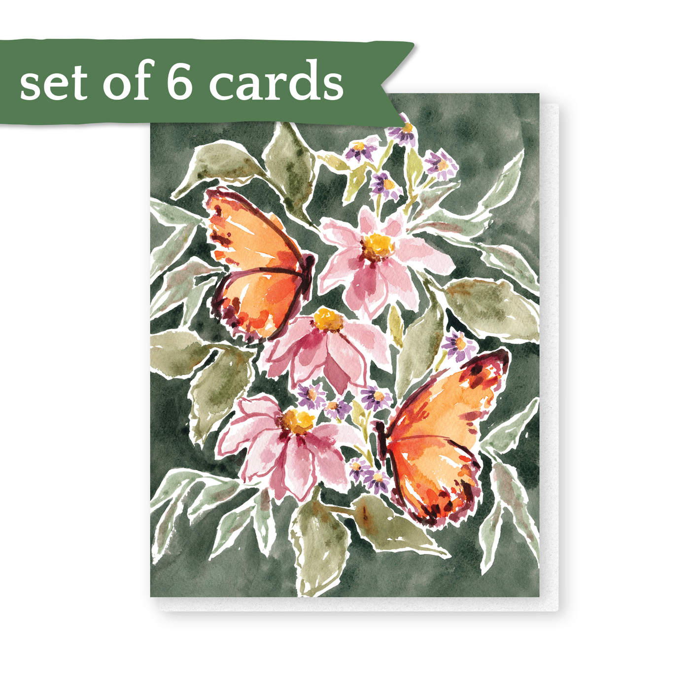 set of 6 butterflies and dark green all occasion cards
