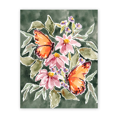 butterflies and dark green art print