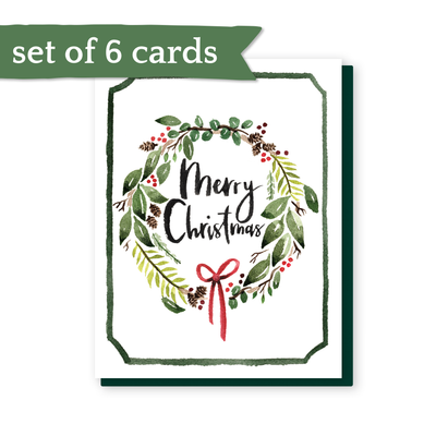 set of 6 Merry Christmas wreath cards