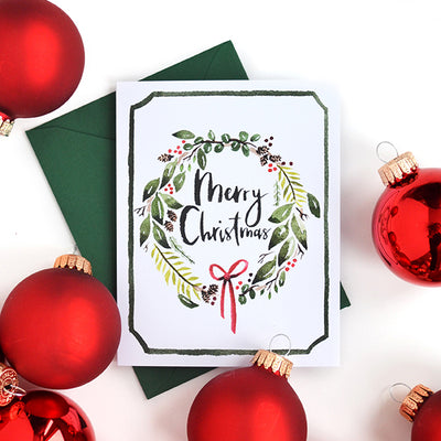 set of 6 Merry Christmas wreath cards
